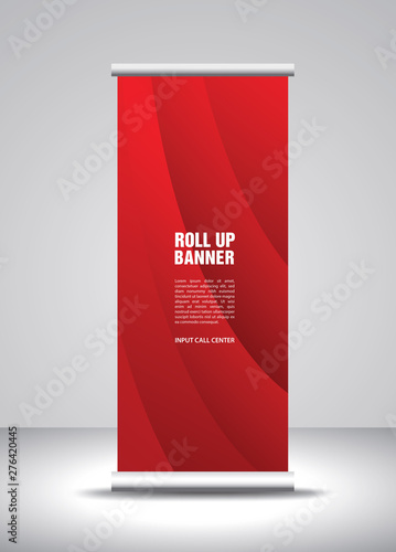 Red Roll up banner template vector, banner, stand, exhibition design, advertisement, pull up, x-banner and flag-banner layout, polygon background