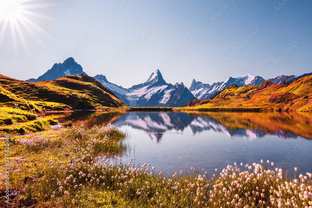 Sunrise view on Bernese range above Bachalpsee lake. Highest peaks Eiger, Jungfrau and Faulhorn in famous location. Switzerland alps, Grindelwald valley