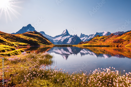 Obraz na płótnie Sunrise view on Bernese range above Bachalpsee lake. Highest peaks Eiger, Jungfrau and Faulhorn in famous location. Switzerland alps, Grindelwald valley w salonie