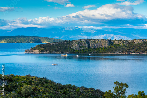 Landscape with small greek islands and bays on Peloponnese  Greece near Nafplio town  summer vacation destination