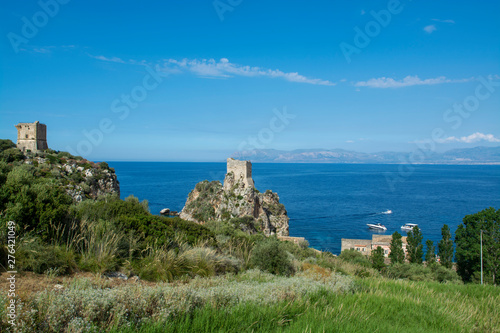 Coastline with rocks and deep blue sea near Castellamare del Golfo by entrance to natural reserve Zingaro  Sicily  Italy
