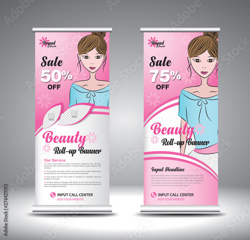 Roll up banner template for cosmetics, make up, lipstick, beauty, spa with beautiful girl vector. banner design. stand, exhibition, pull up, Advertisement, poster, flag-banner, billboard layout.