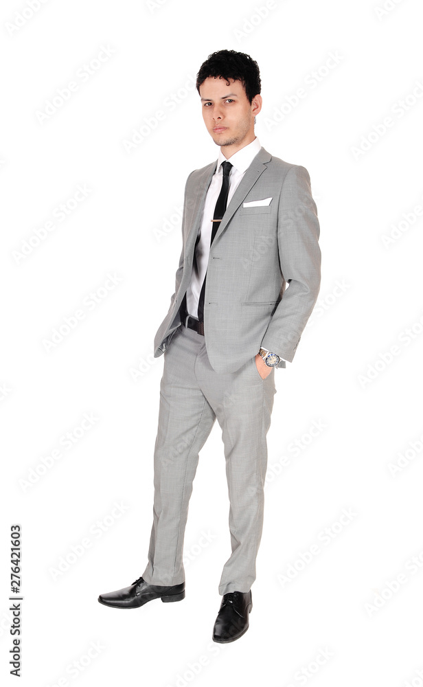 Handsome young man standing in gray suit Handsome young man standing in gray suit
