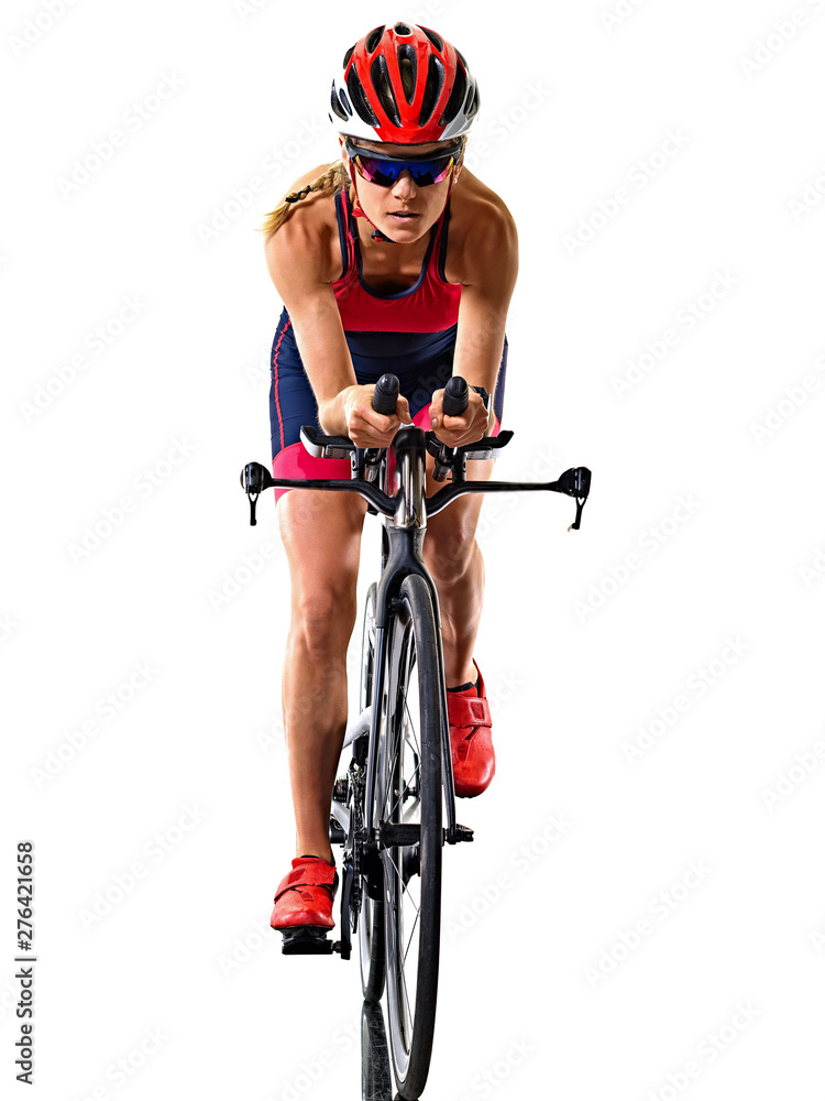 one caucasian woman practicing triathlon triathlete ironman studio shot isolated on white background one caucasian woman practicing triathlon triathlete ironman studio shot isolated on white background