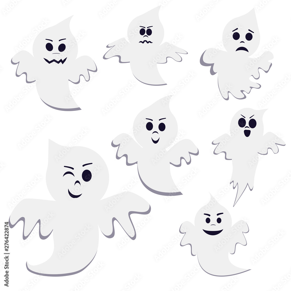 Set of different pose cartoon ghost isolated on white background. Ghost creepy funny cute character. Party celebrate happy Halloween night holiday. Set of different pose cartoon ghost isolated on white background. Ghost creepy funny cute character. Party celebrate happy Halloween night holiday.