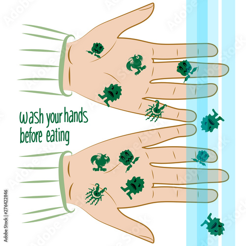 Vector illustration on the theme of hygiene. Palms of hands under running water. Water washes away cartoon microbes. Clean the guarantee of health.