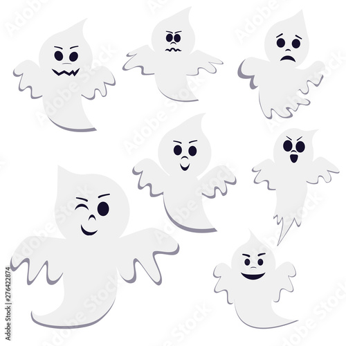 Set of different pose cartoon ghost isolated on white background. Ghost creepy funny cute character. Party celebrate happy Halloween night holiday.