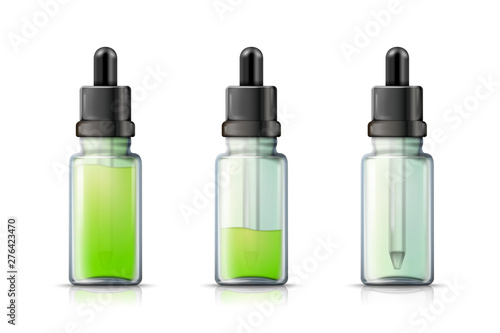 Vector 3d realistic dropper bottle with liquid inside, isolated on white background. Mock-up for product package branding.