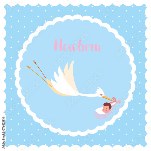 newborn card with stork flying and baby bag