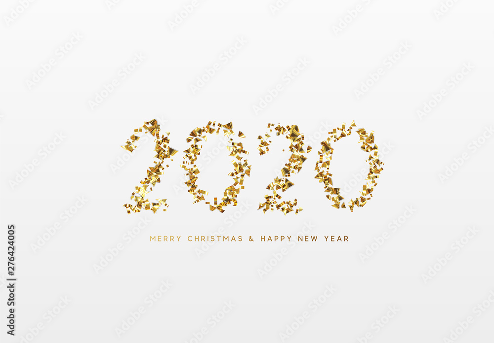 2020 New Year. Text of shiny golden confetti, tinsel sparkles with bright serpentine. Numbers gold 2020 New Year. Text of shiny golden confetti, tinsel sparkles with bright serpentine. Numbers gold