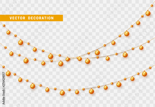 Christmas decorations, isolated on transparent background. Golden garlands with balls realistic set. Gold Xmas decor. Festive design element © lauritta