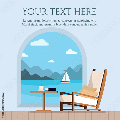 Table, cup of tea or coffee book and chair on the balcony or terrace with window with sea landscape and sailboat. View of sea from hotel or restaurant. Flat cartoon style vector backdrop illustration.