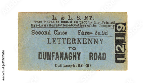 Fahrkarte Zug Irland Vintage Train Tickets Ireland alt old retro blau blue verblichen Letterkenny Dunfanaghy Road 1219 zweite Klasse second class photo