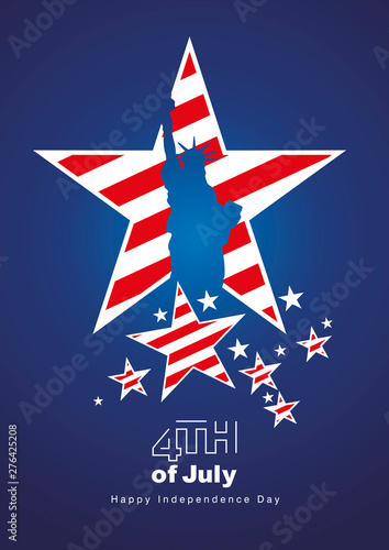 4th of July USA Statue of Liberty silhouette into shining star blue background