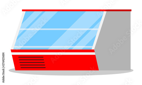 Supermarket or shop showcase horizontal empty refridgerator icon isolated on white background. Refrigerator dispenser cooling machine. Vector illustration in cartoon flat style. Design element.