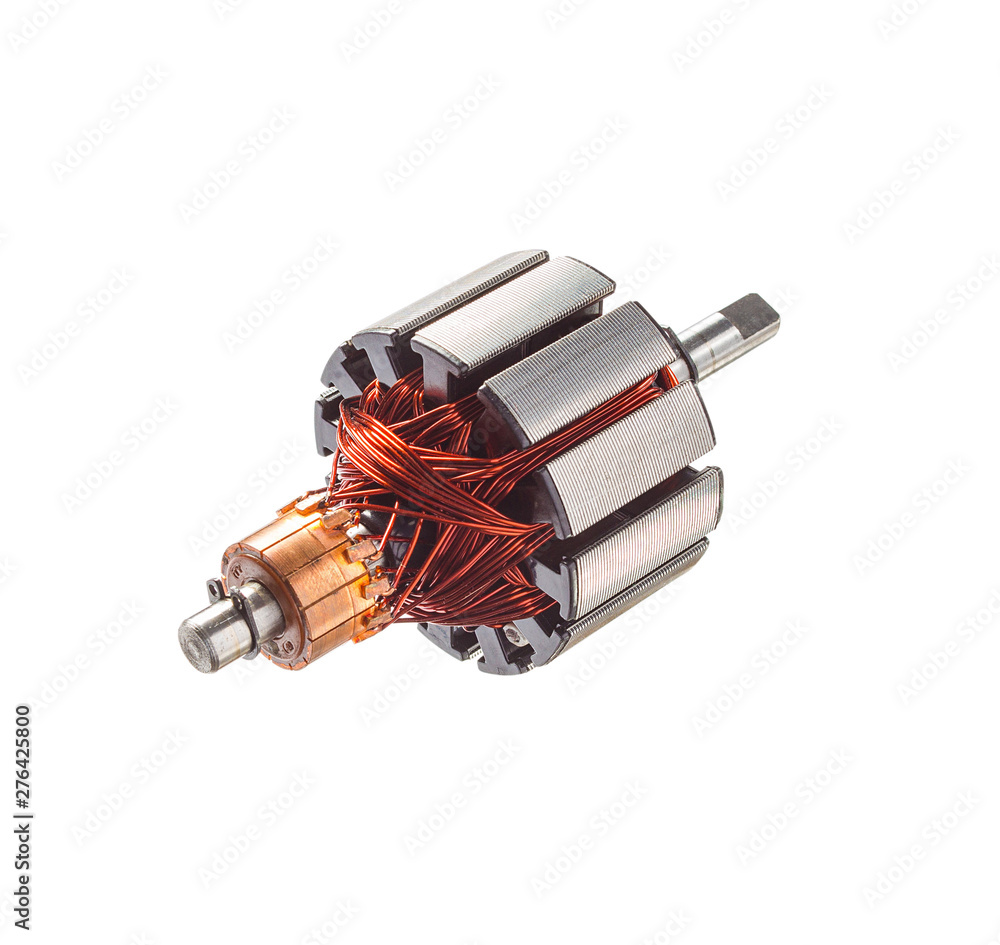 Electrical armature assembly isolated on white background. dc motor,  starter anchor motor from car portable air compressor. Stock Photo