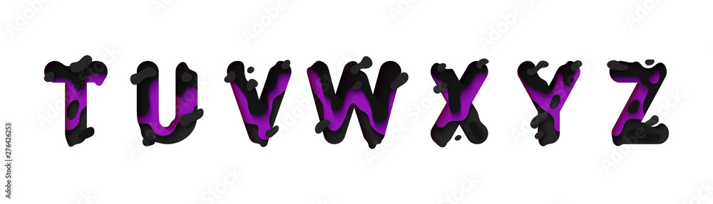Paper cut letter T, U, V, W, X, Y, Z. Design 3d sign isolated on white background. Alphabet font of melting liquid. Paper cut letter T, U, V, W, X, Y, Z. Design 3d sign isolated on white background. Alphabet font of melting liquid.