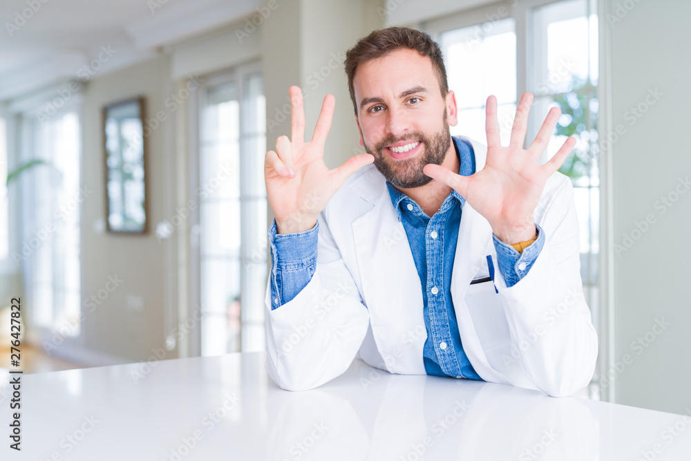 Handsome doctor man wearing medical coat at the clinic showing and pointing up with fingers number eight while smiling confident and happy. Handsome doctor man wearing medical coat at the clinic showing and pointing up with fingers number eight while smiling confident and happy.