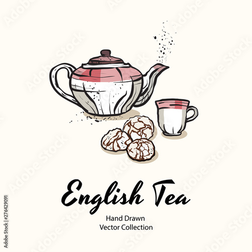 Pink teapot, cup and biscuits hand drawn vector illustration old style for cafe menu, logo, banner, flayer, coffee shop