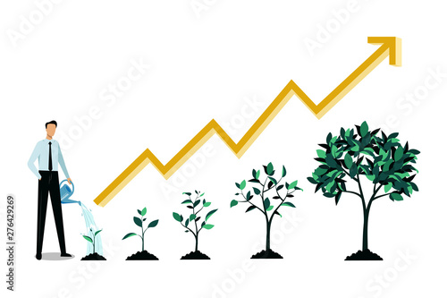 Investment and finance growth business concept. Businessman watering small green sprout. Vector flat illustration.
