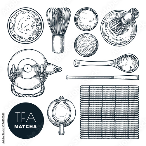 Matcha green tea ingredient set. Japanese tea ceremony, top view vector hand drawn sketch illustration.