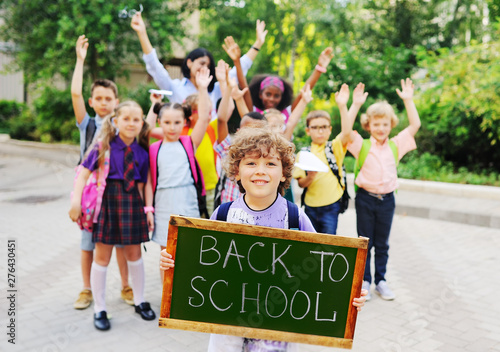 little  schoolboy with curly hair on the background of a group of children classmates holding a sign with the inscription "back to school."
