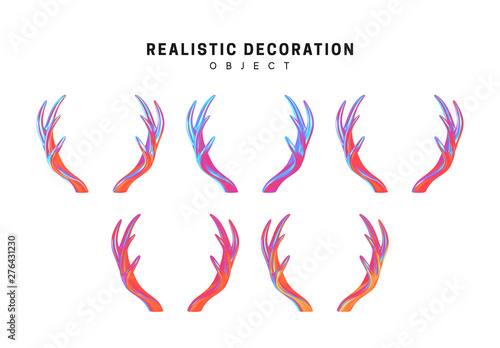 Set of deer and elk antlers with gradient holographic color of holograms. Decorative design elements. Realistic shape 3d objects