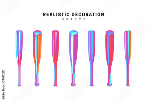 Set of Baseball bat with gradient holographic color of holograms. Decorative design elements. Realistic shape 3d objects.