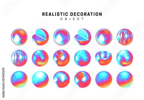 Geometric shapes 3d round spherical objects. gradient hologram color. metal balls design elements. holographic decorative element isolated on white background. Realistic vector illustration.