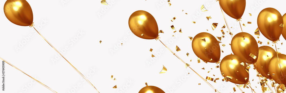 Festive background with helium balloons. Celebrate a birthday, Poster, banner happy anniversary. Realistic decorative design elements. Vector 3d object ballon, golden color. Falling shiny confetti - obrazy, fototapety, plakaty 