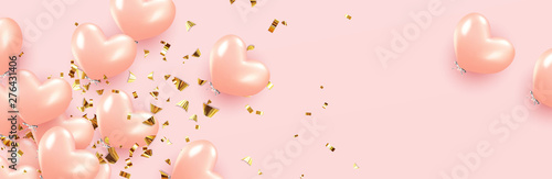 Festive background with helium balloons romantic heart shape. Celebrate a birthday, Poster, banner happy anniversary. Realistic decorative design elements. Vector 3d object ballon, pink color.
