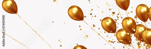 Festive background with helium balloons. Celebrate a birthday, Poster, banner happy anniversary. Realistic decorative design elements. Vector 3d object ballon, golden color. Falling shiny confetti photo