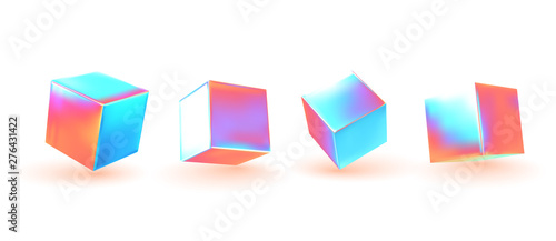 cube collection. set of geometric 3d objects isolated on white background. Gradient hologram color shades. Realistic elements vector