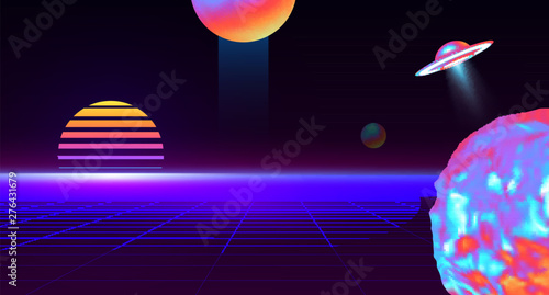 Retro background fantasy futuristic world cyber space cosmos. Digital landscape. 3d planets with holographic gradient. color is dark purple. Poster and banner 80s and 90s. flying saucer, Ufo. Vector