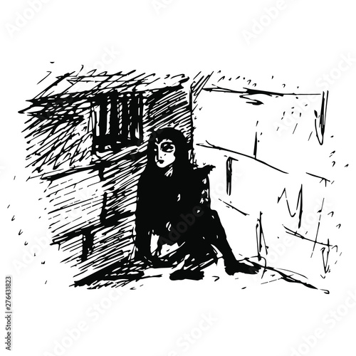 Sketch of a captive girl sitting in the corner of her prison. Black and white hand drawn rough sketch. Vector art.