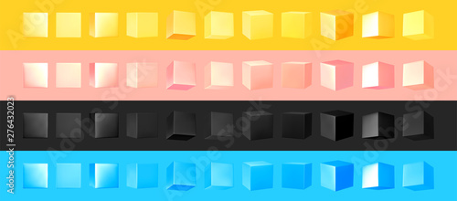 Cube collection yellow and black, pink and blue color. set cubes of geometric 3d objects isolated. Realistic elements vector.