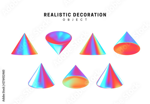 cone shaped figures. set of geometric 3d objects isolated on white background. Gradient hologram color shades. Realistic elements vector