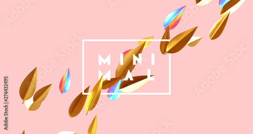 Minimal background with golden leaves. 3d gold leaves petals