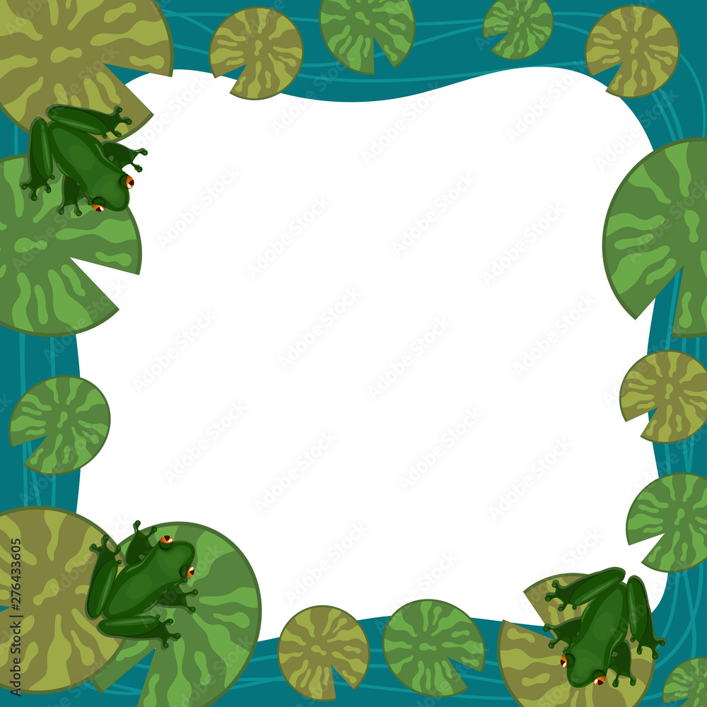 Fototapeta premium Frog frame with lily pads. Empty place for text. Vector border.