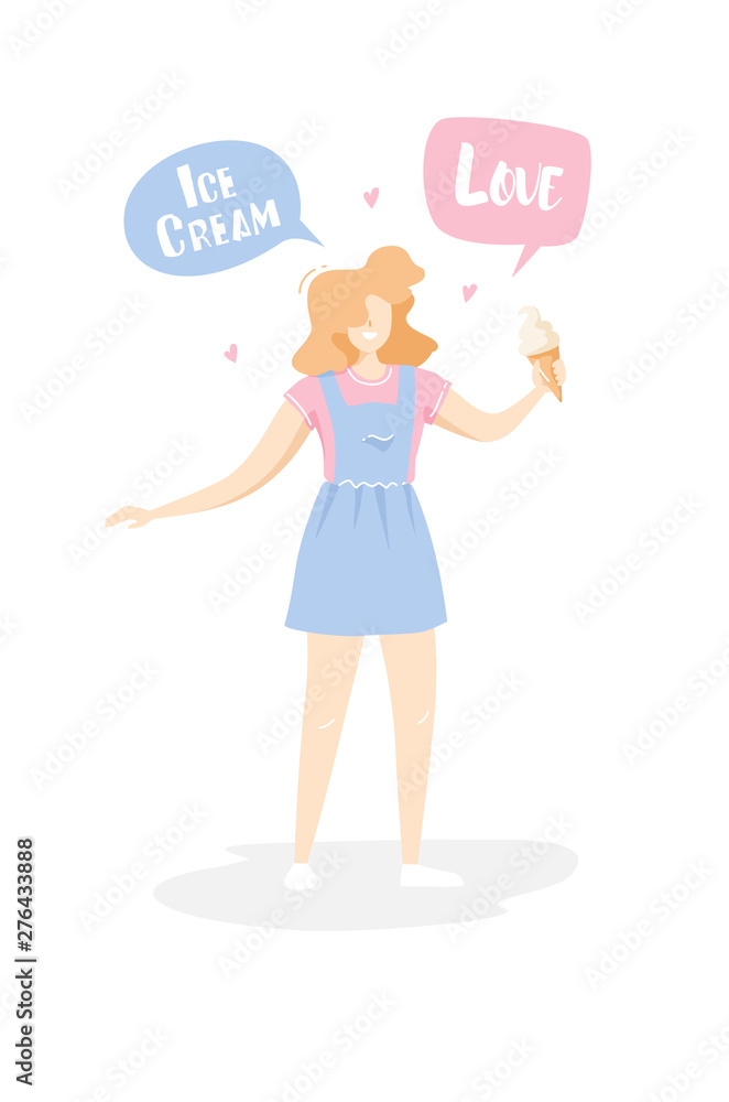 Cartoon girl in the sundress with ice cream cone on white background. Cute card in trendy flat linear style. Vector summer banner. Cartoon girl in the sundress with ice cream cone on white background. Cute card in trendy flat linear style. Vector summer banner.
