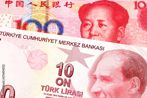 A red ten Turkish lira bill close up in macro with a red, Chinese one hundred yuan note 