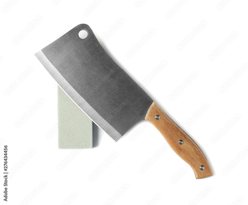 Cleaver knife and grindstone isolated on white, top view Cleaver knife and grindstone isolated on white, top view