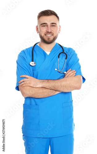 Portrait of medical doctor with stethoscope isolated on white