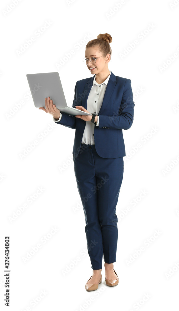 Full length portrait of young businesswoman with laptop isolated on white Full length portrait of young businesswoman with laptop isolated on white