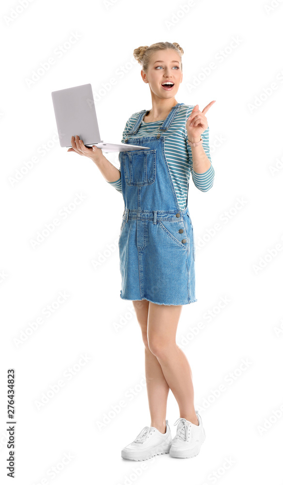 Full length portrait of emotional young woman with laptop isolated on white Full length portrait of emotional young woman with laptop isolated on white
