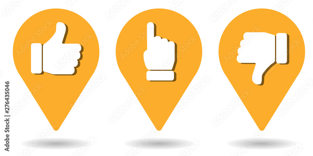 Location pins for thumbs up, pointing finger and thumbs down Location pins for thumbs up, pointing finger and thumbs down