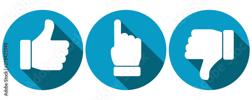 Symbols for thumbs up, pointing finger and thumbs down photo
