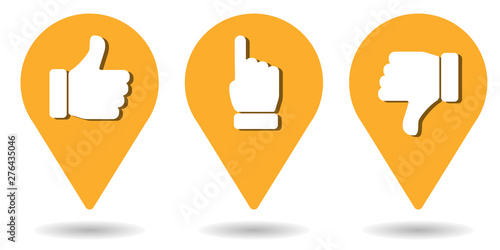 Location pins for thumbs up, pointing finger and thumbs down