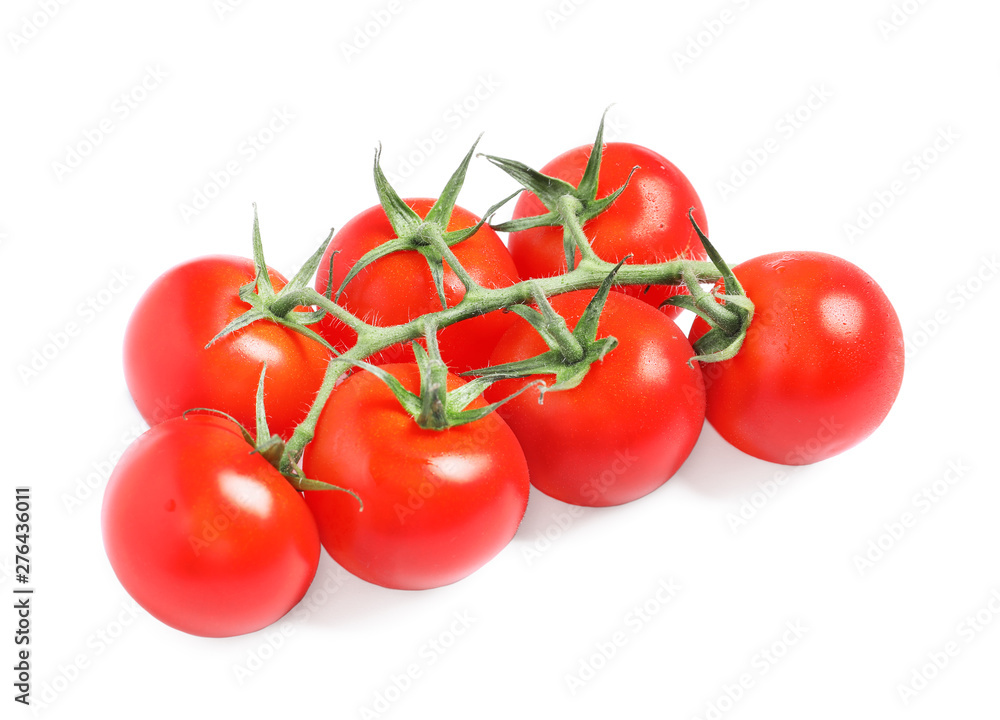 Branch of fresh cherry tomatoes isolated on white Branch of fresh cherry tomatoes isolated on white