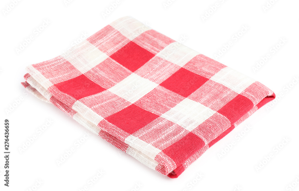 Folded red checkered kitchen towel on white background